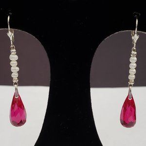 Fuschia Quartz and Pearl Sterling Silver Earrings